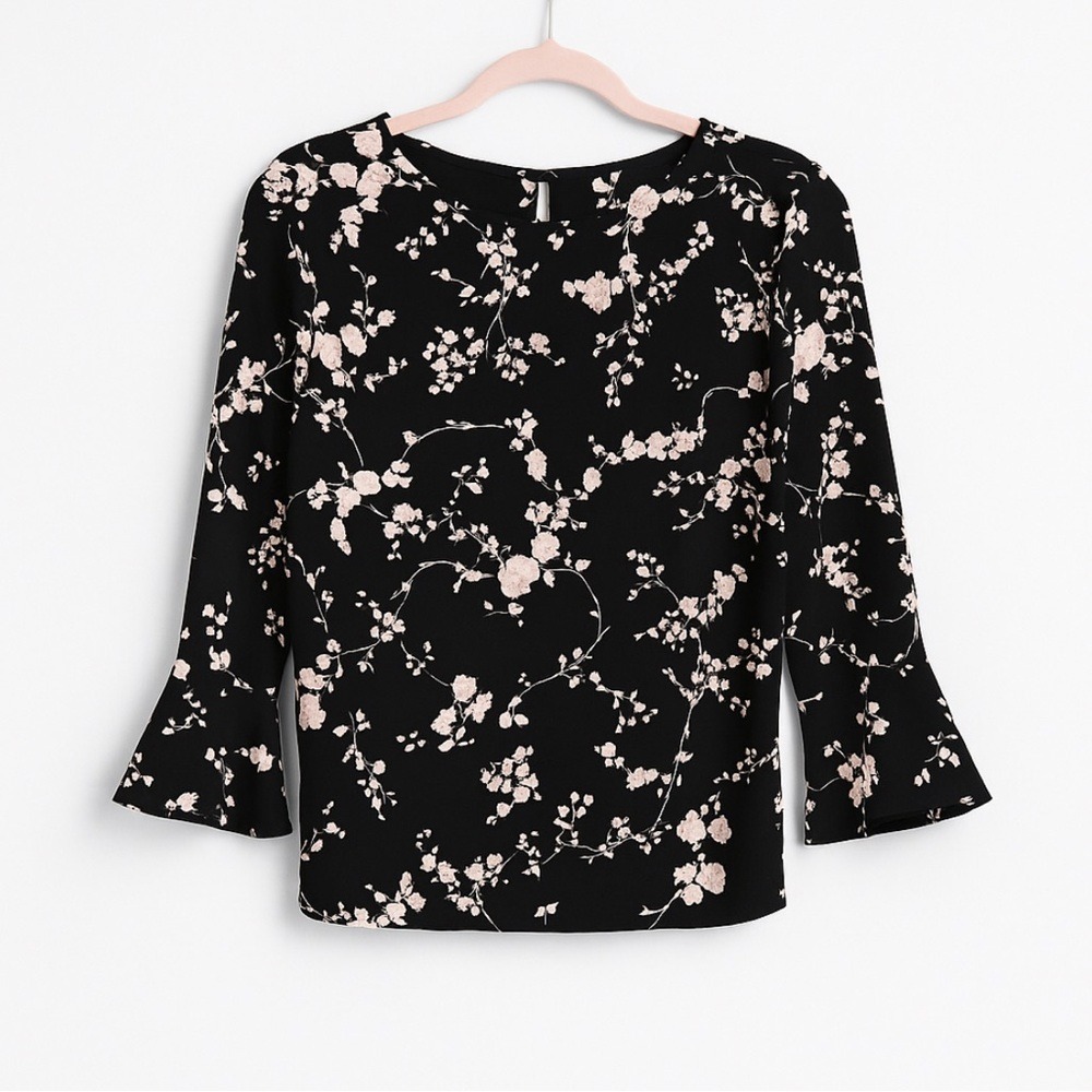 Karl Lagerfeld Paris Black Floral Bell Sleeve Blouse Size Large